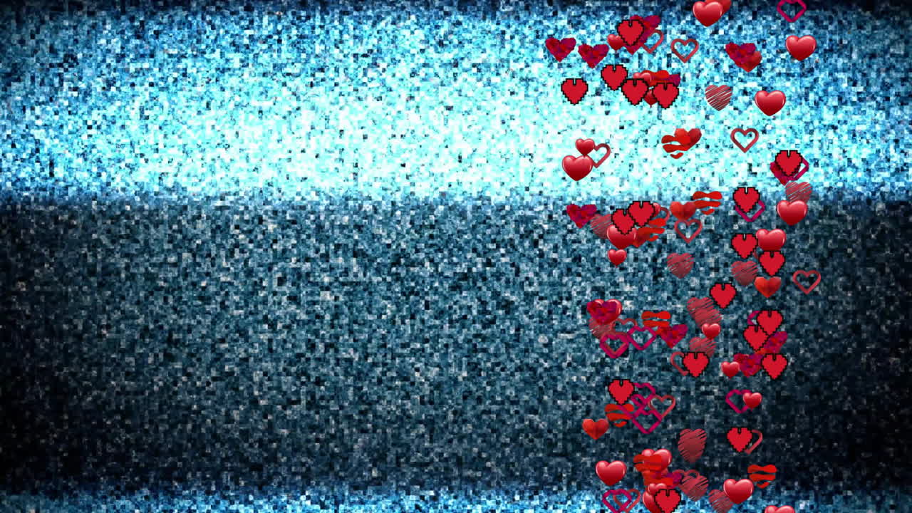 Floating red heart icons drifting over dense static noise canvas, using pixel-art and 3D render