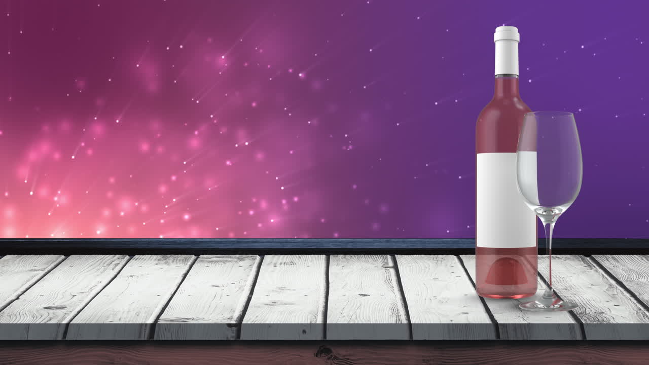 animación de una botella de vino de rosa sobre luces sobre fondo violeta con superficie de madera