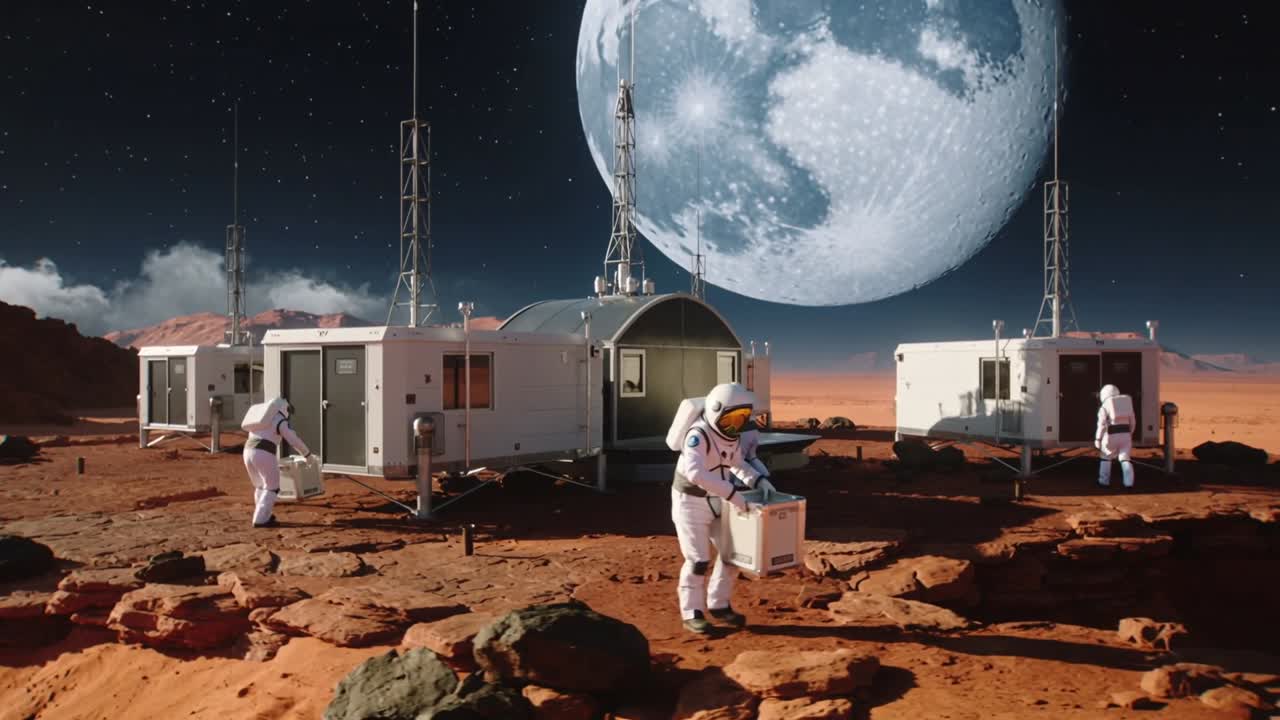 Astronaut i forgrunden i hvid dragt sænker kasse på rød slette, genopfylder centralt modul.