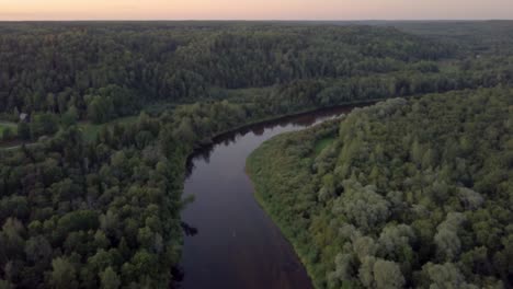 Sobrevolando-El-Río,-Siguiendo-Su-Curso-Entre-Tupidos-Bosques