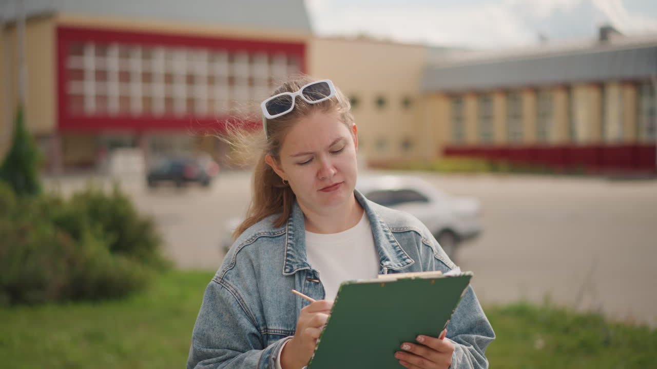 Kaukasisk kvinne med utklippstavle ved skolebygning og parkert bil, inspiserer eksteriøret og skriver ned observasjoner, iført dongerijakke og solbriller, fokusert uttrykk under overskyet himmel, metodisk