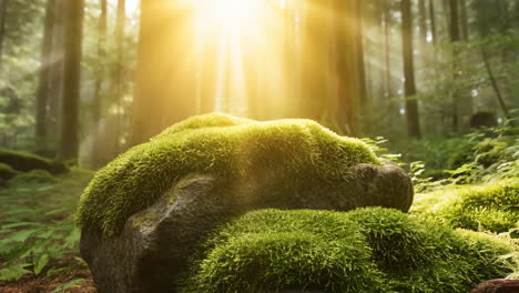 sunlight filtering through trees onto a mossy rock in a lush forest