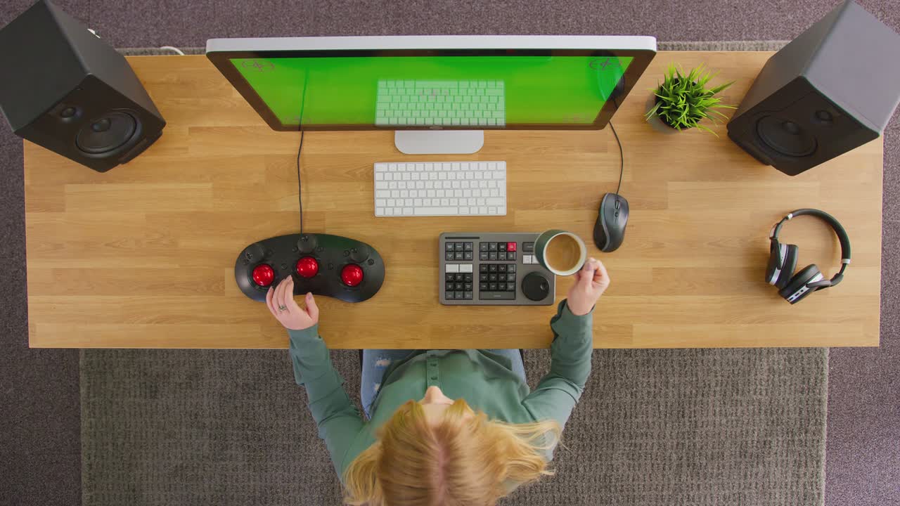 Overhead view of female video editor working at computer with green screen in creative office drinking cup of coffee - shot in slow motion