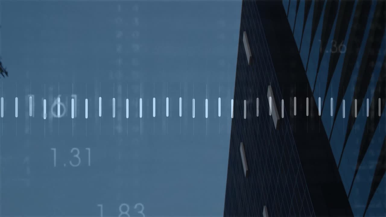 Animation of financial data processing over cityscape