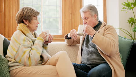 senior couple, talking and relax in home