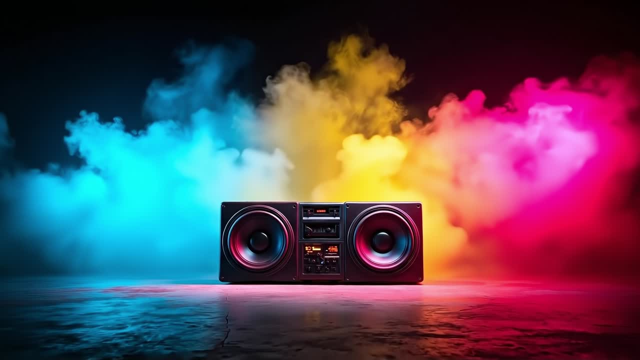 A boombox with colorful smoke coming out of it