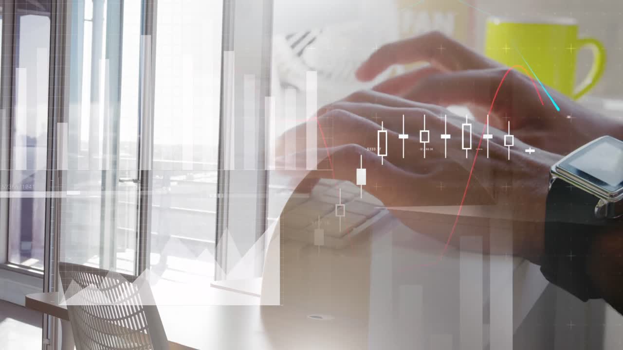 노트북을 사용하는 백인 여성에 대한 데이터 처리 애니메이션