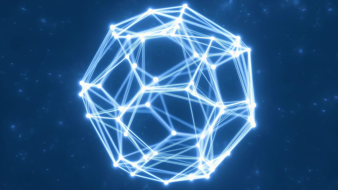 Una sfera luminosa centrata, composta da linee di luce e nodi collegati, fluttua su uno sfondo blu scuro, creando un look futuristico minimale con particelle morbide.