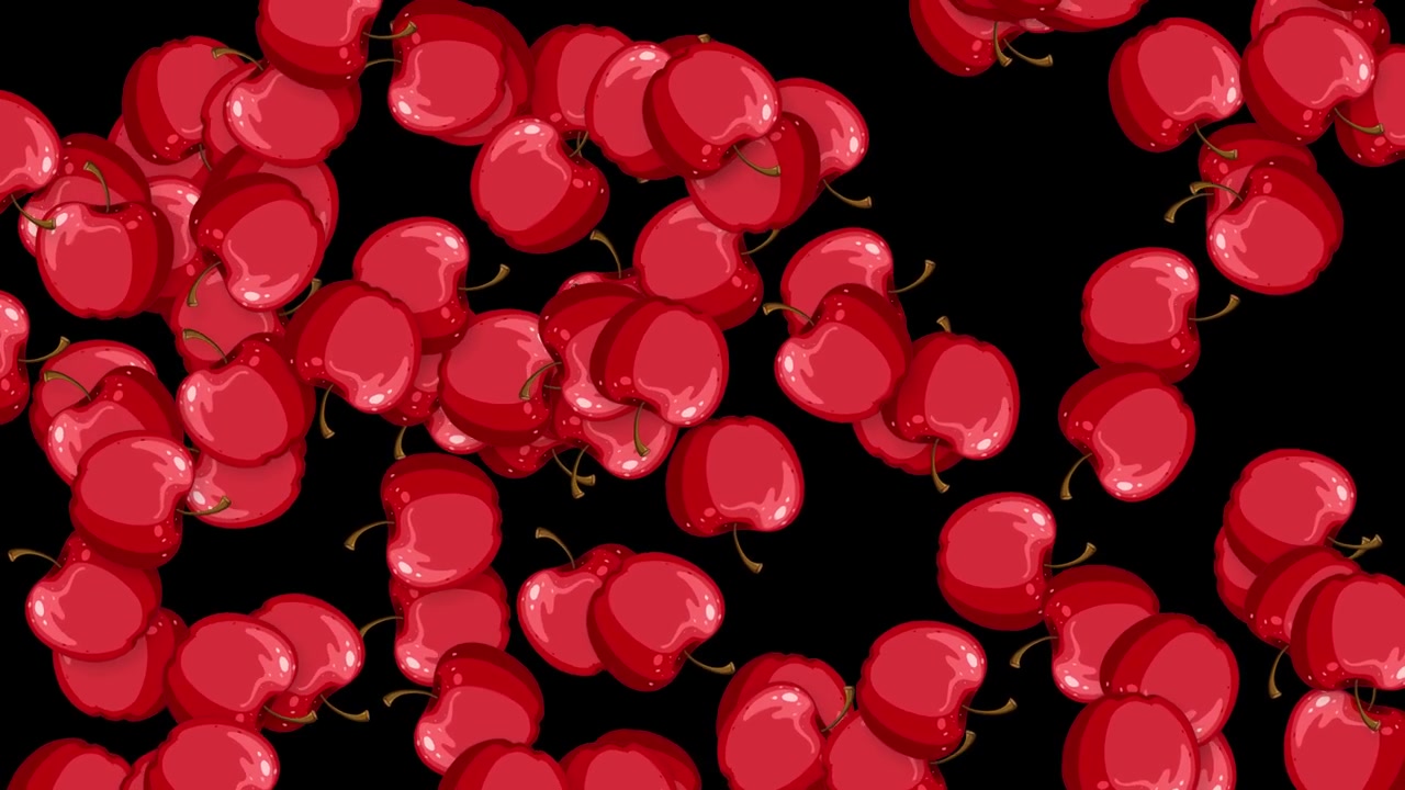 Animated red apples fall vertically through the frame against a dark, minimalist background.