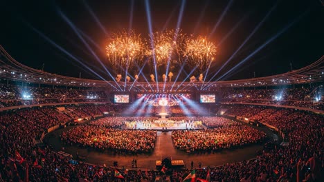 spectacular celebration at the stadium: a grand finale with colorful fireworks, dazzling lights, and a thrilled audience gathering for an unforgettable experience
