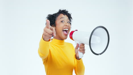 face, megaphone and woman with support