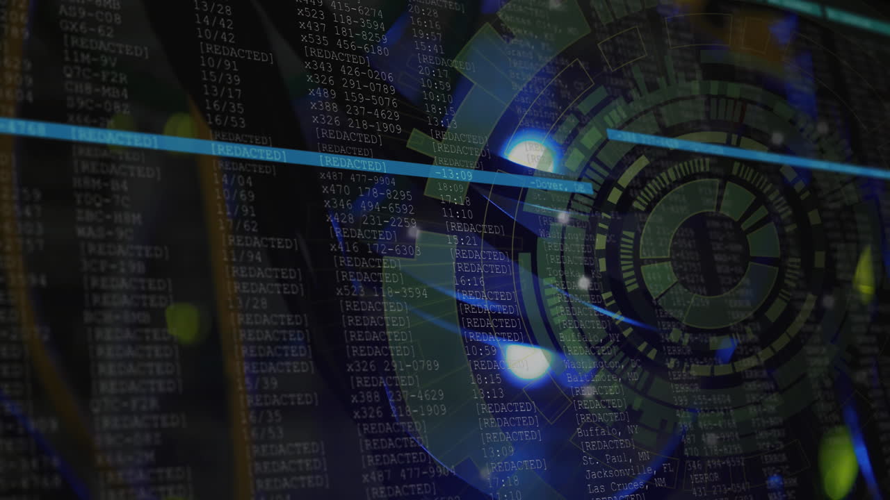 animación del procesamiento de datos y el escaneo de alcance sobre la sala de servidores