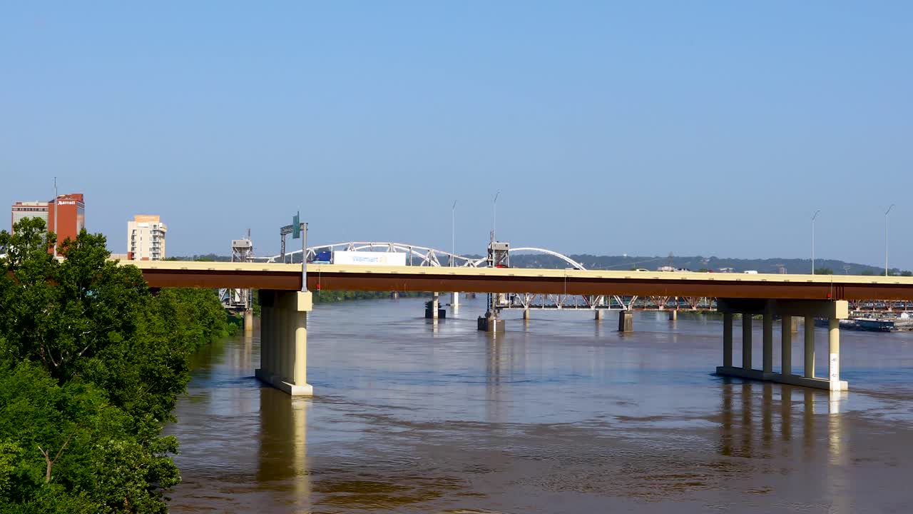 Static video of the Arkansas river in Little Rock, Arkansas. You can see the Arkansas River below the bridge and vehicles travelling on the bridge