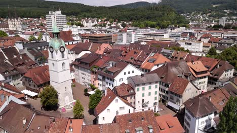 old town square olten switzerland clock tower landmark aerial drone above houses