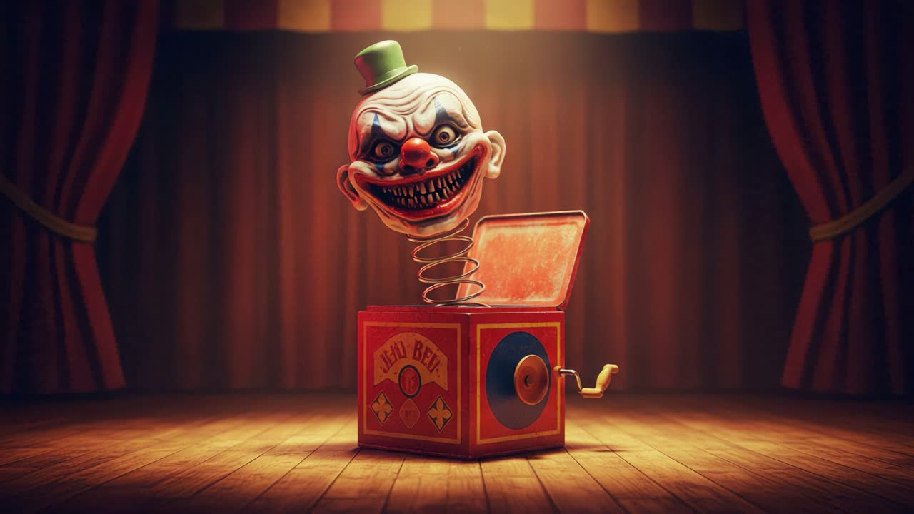 A Sinister Jack-in-the-Box Clown Emerges with a Grinning Expression, Emanating an Eerie Atmosphere in a Dimly Lit Circus Environment