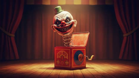 a sinister jack-in-the-box clown emerges with a grinning expression, emanating an eerie atmosphere in a dimly lit circus environment