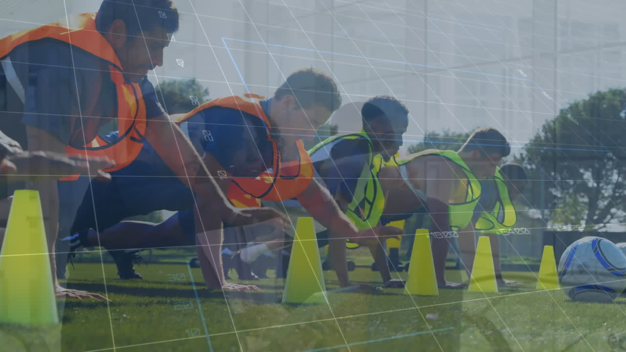animación de datos financieros y gráficos sobre diversos jugadores de fútbol masculino durante el entrenamiento al aire libre.