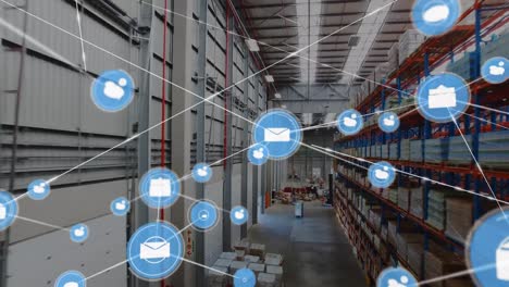 animation of network of digital icons against aerial view of warehouse