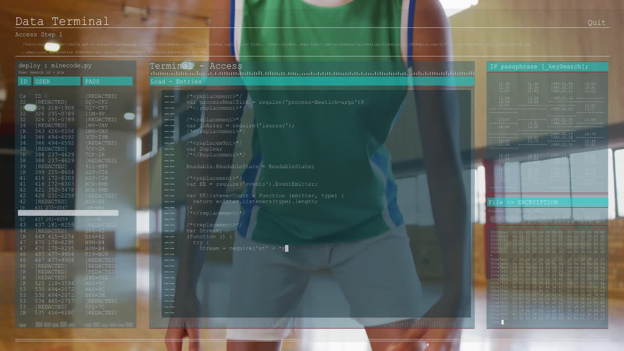 Animation overlay on person playing basketball in school gym, focusing on game