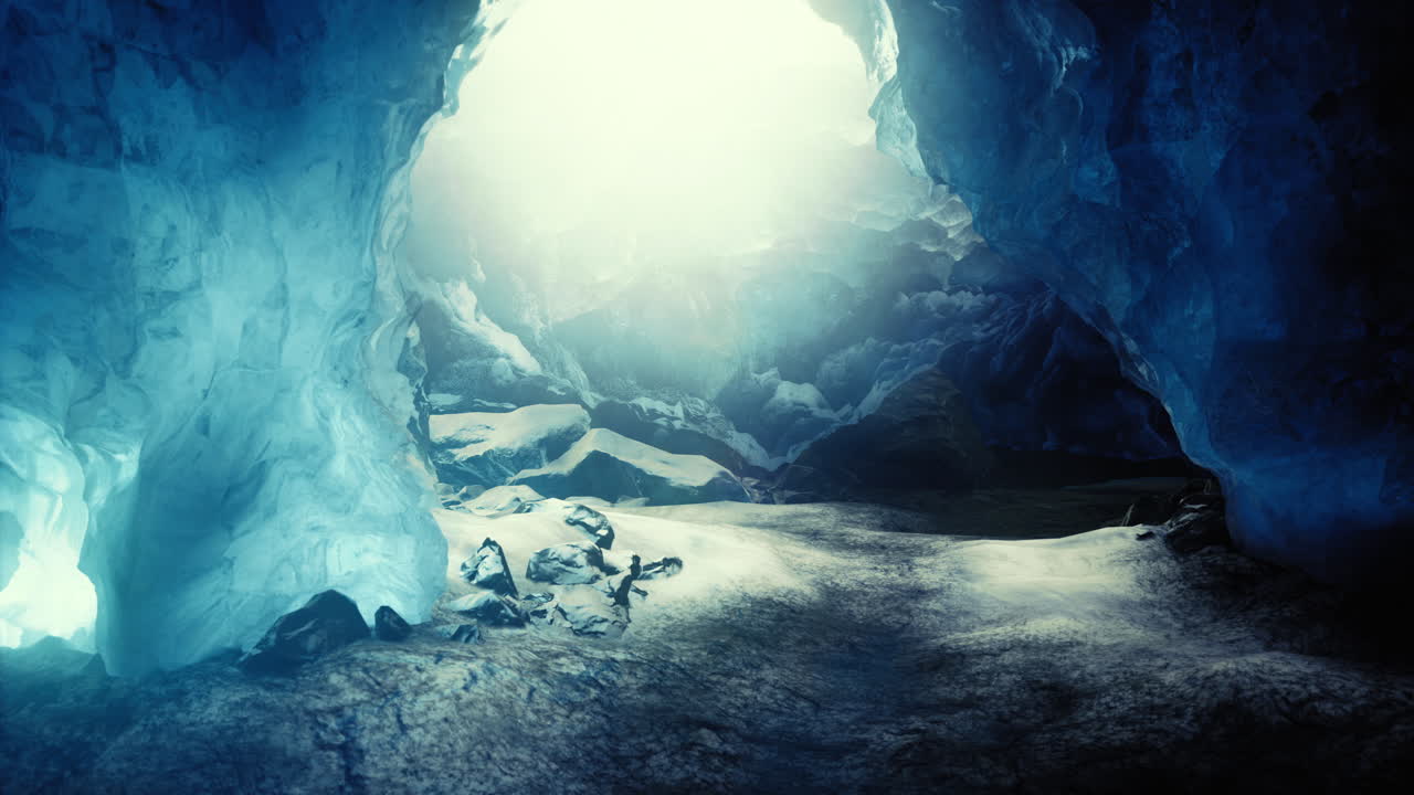 Exploring the enchanting beauty of an ice cave under a bright light