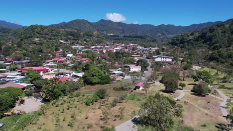 drone shot of boquete, panama, mountain town and landscape on sunny day