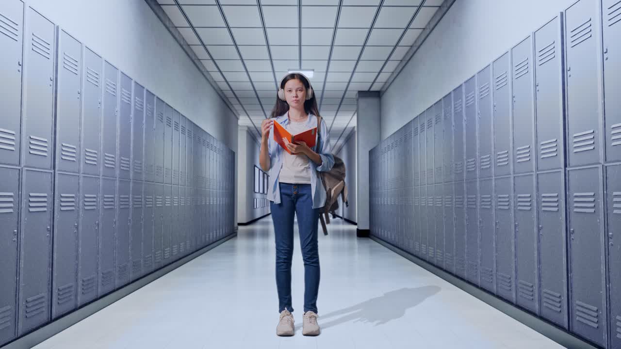 배을 들고 책 읽고, 생각하고, 주위를 둘러보며, 복도에 서 있는 동안 지표손가락을 올리는 아시아 십대 여자 학생의 몸이 가득 차 있습니다.