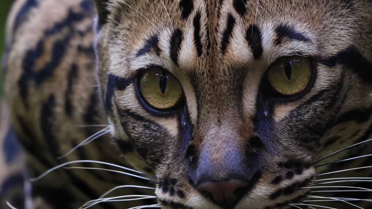Video Jarak Dekat Kucing Liar dengan Pola Mencolok, Diambil dari Sudut Rendah di Latar Hutan Lebat