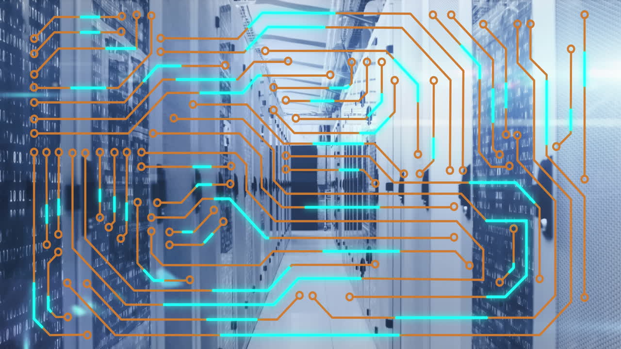 Animation of microprocessor connections and mosaic sqaures against computer server room