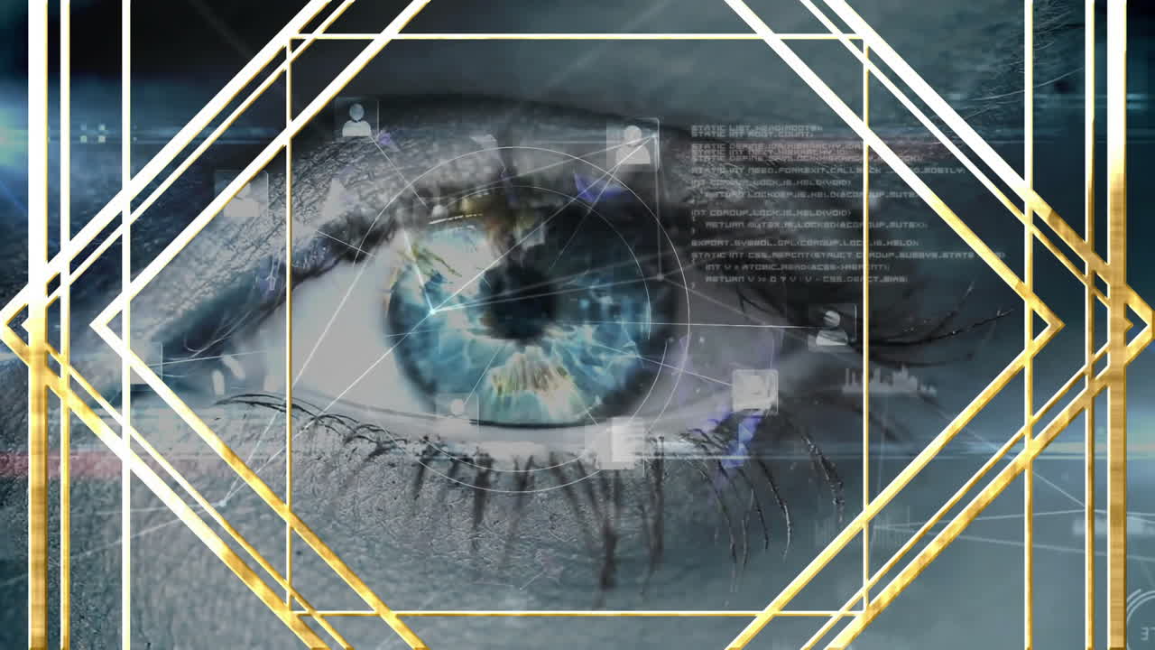 Close-up of eye with digital data processing and hexagonal shapes animation