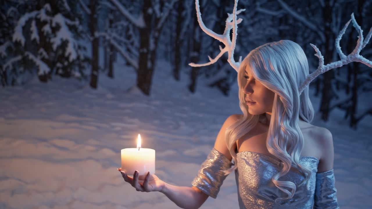 Winter Fairy with Candle in Snowy Forest