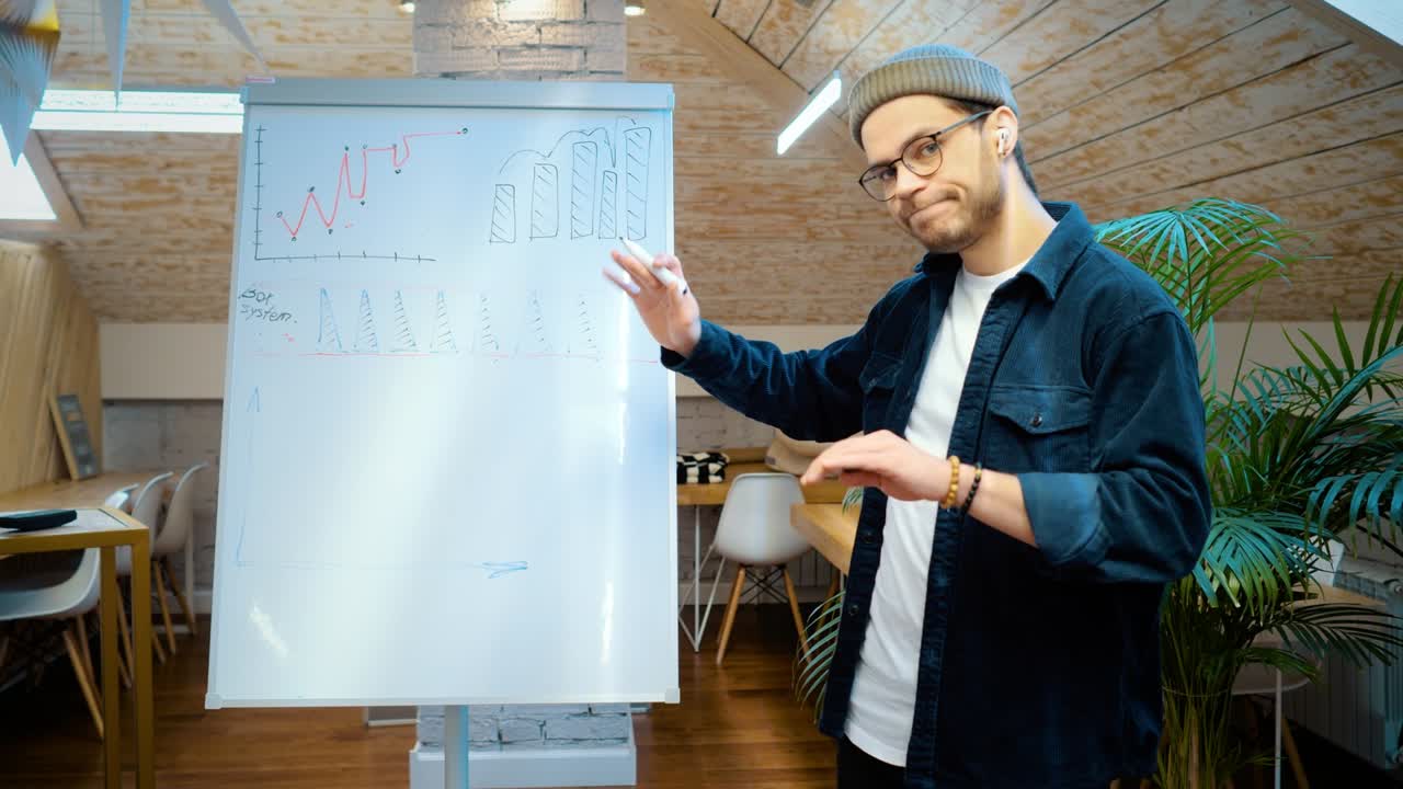 un entrenador de negocios o una nueva empresa habla sobre el negocio del modelo. tablero y marcadores