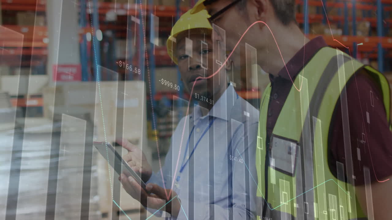 animación de gráficos estadísticos sobre diversos trabajadores masculinos en el almacén