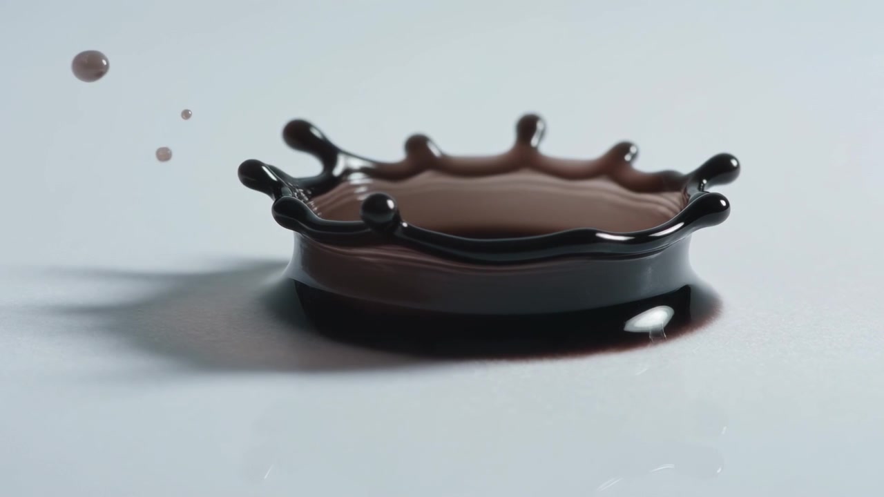 Goccia di liquido scuro che colpisce e forma una corona su una superficie bianca, rilasciando goccioline satelliti.