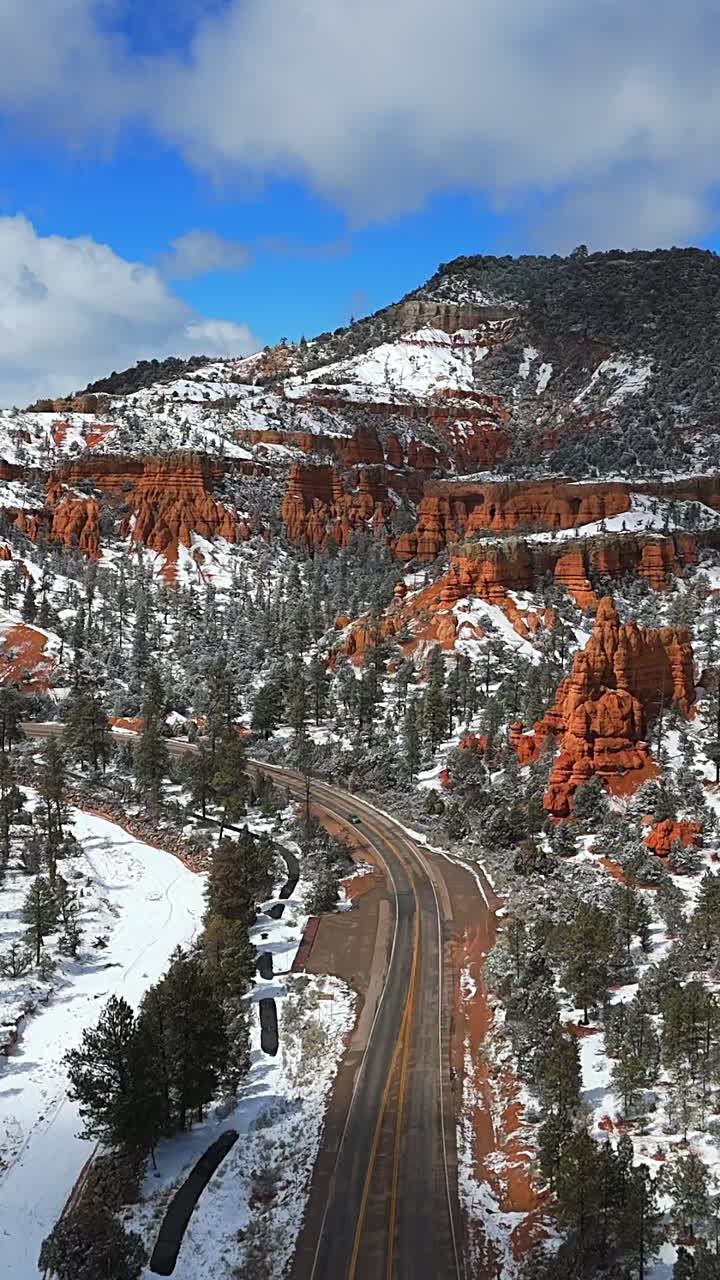 Vertical View Of Scenic Road Along The Pine Tree Forest And Hoodoos At Bryce Canyon National Park In Winter In Utah, USA. - aerial