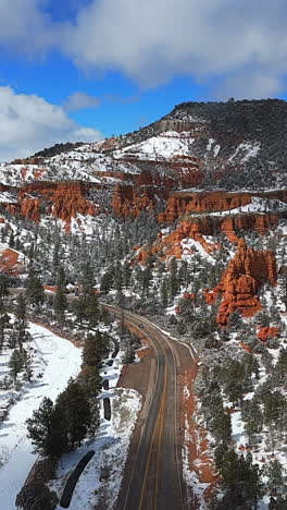 vertical view of scenic road along the pine tree forest and hoodoos at bryce canyon national park in winter in utah, usa. - aerial