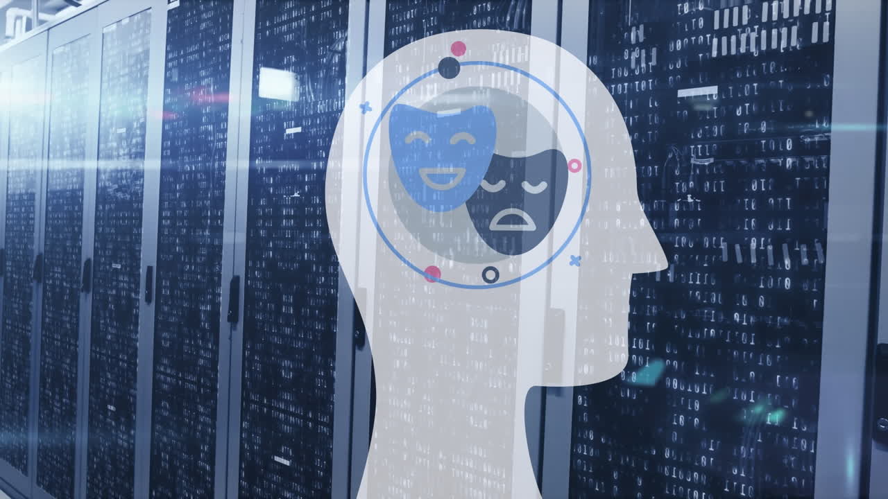 animación de la cabeza con máscaras y formas sobre la sala del servidor