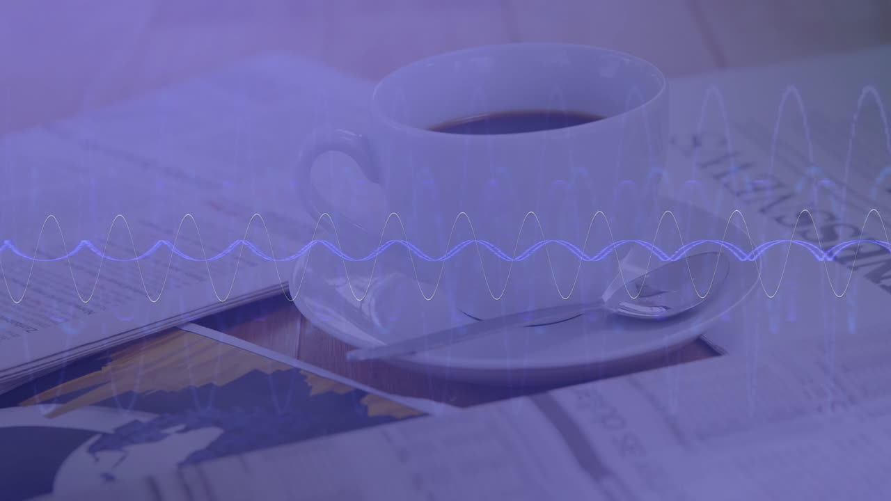 Coffee cup being shown in 3D render on saucer atop financial sheets, showing floating waveform
