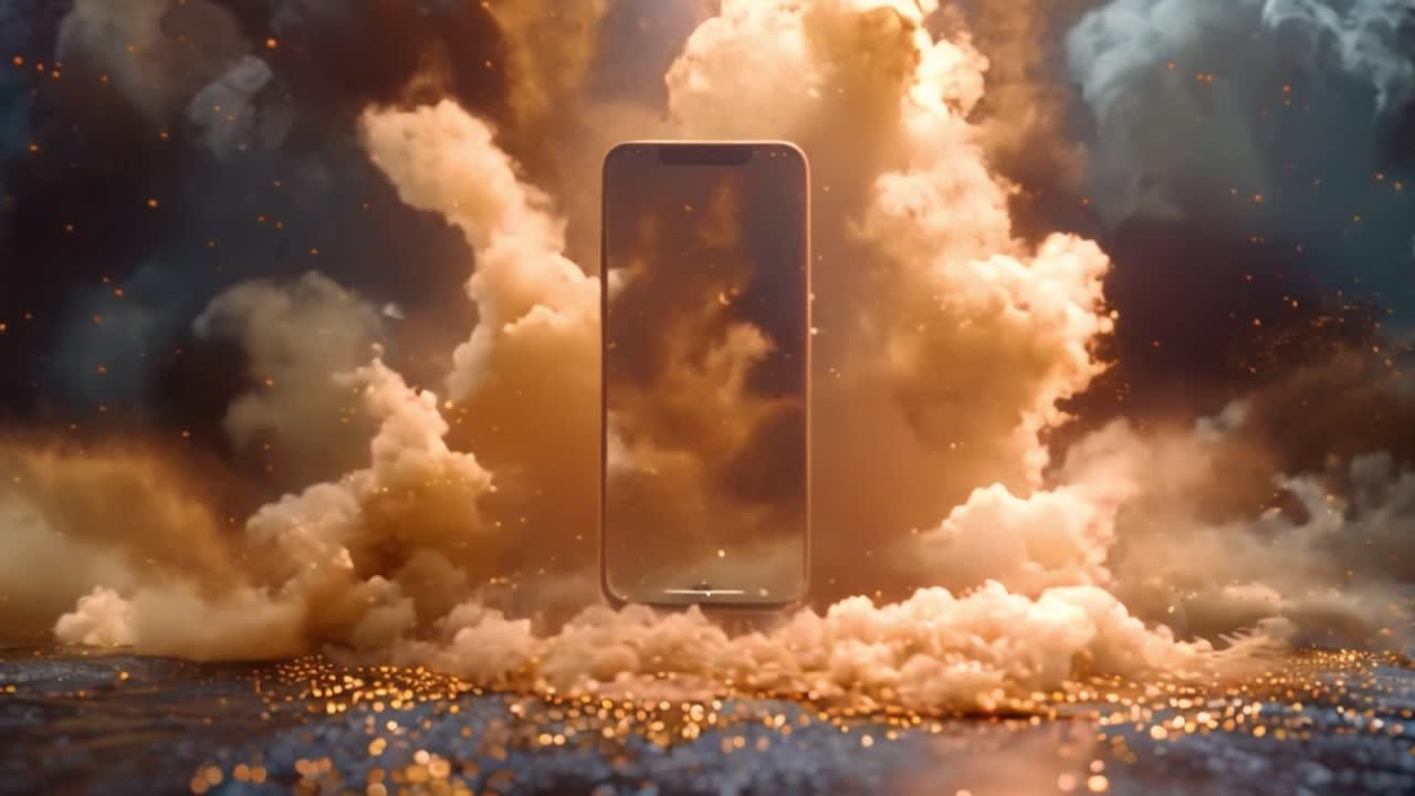 Smartphone surrounded by golden clouds and glowing particles