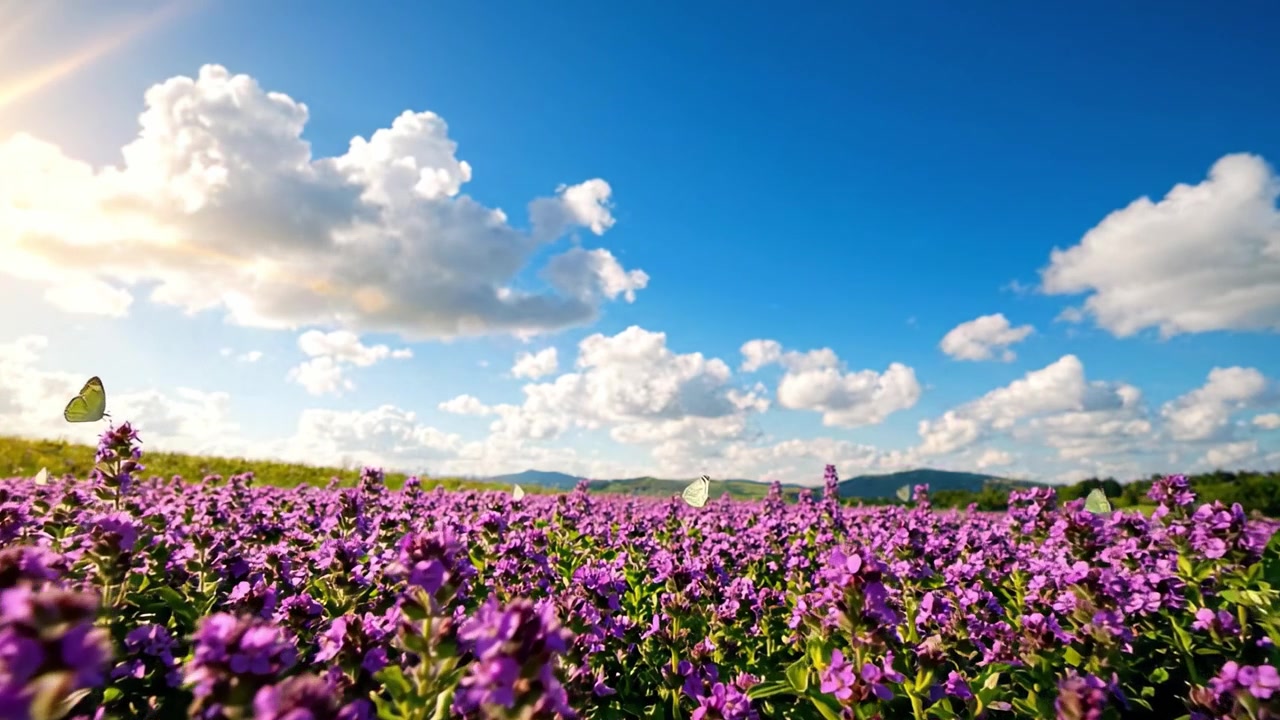 澄み切った青空とふわふわの雲の下に鮮やかな紫の花が咲き誇る穏やかな風景、自然の美しさと屋外の静けさを象徴