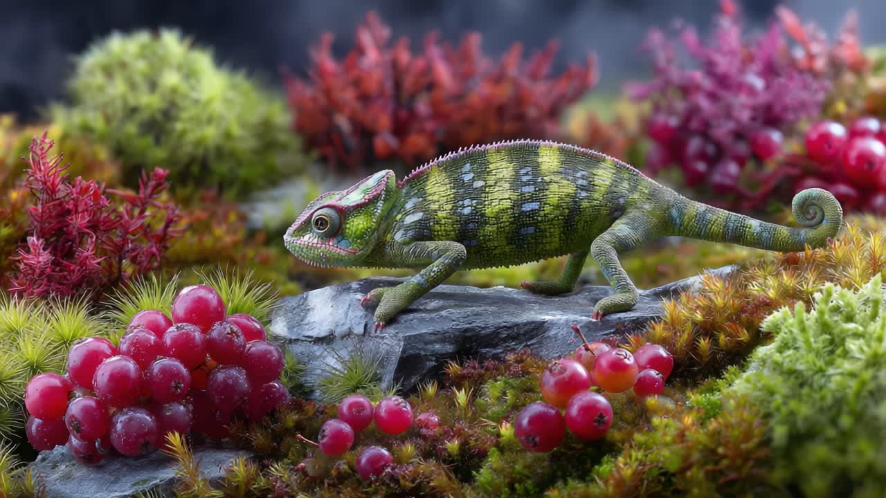 A Colorful Chameleon Navigating a Vibrant Terrain of Moss and Berries, Showcasing Nature's Beauty and Biodiversity in a Serene Ecosystem