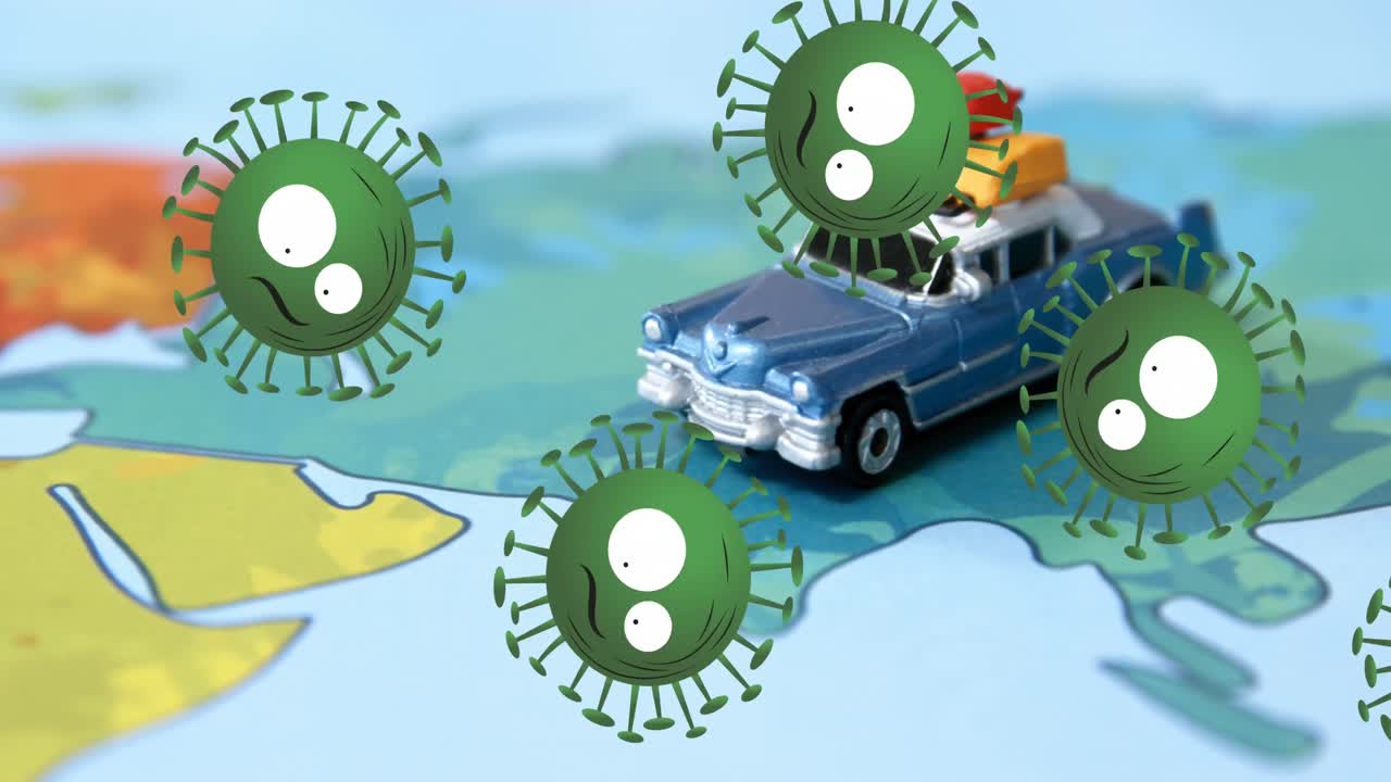 세계 지도와 자동차 위를 날아다니는 코로나 19 세포의 애니메이션