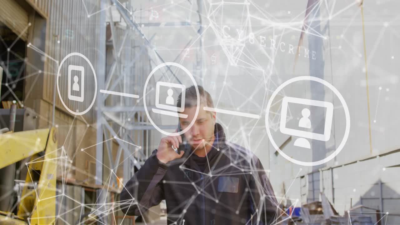 анимация сети соединений и цифровых икон над кавказским человеком, разговаривающим на смартфоне