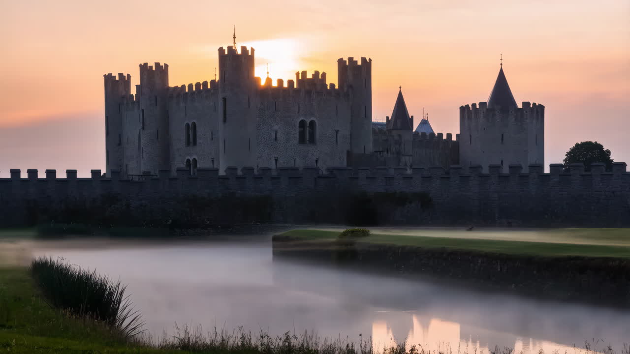 Castello medievale all'alba con fossato nebbioso