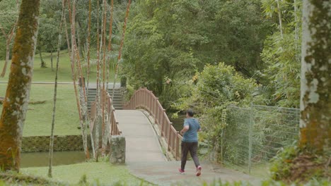 a fat asian malay man jogging for his health at the lake garden, wide shot high angle