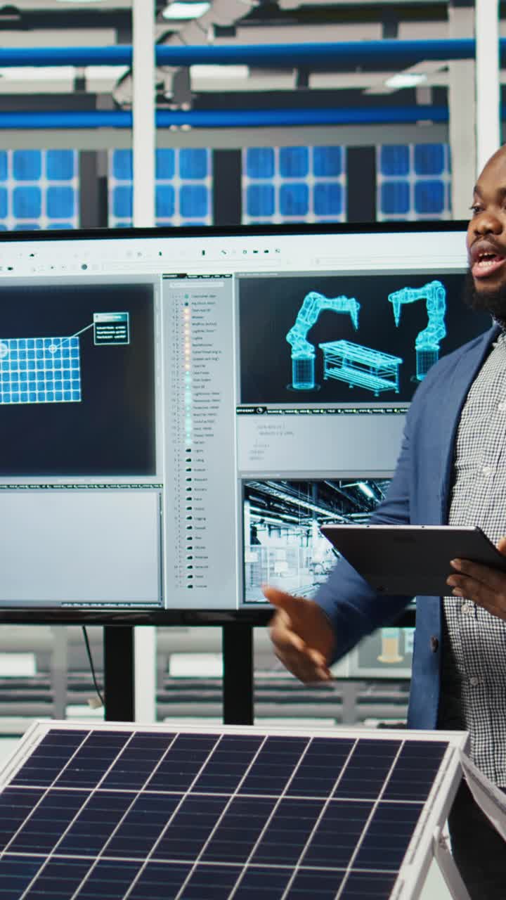 Vertical video Solar panel factory manager shaking hands with investor