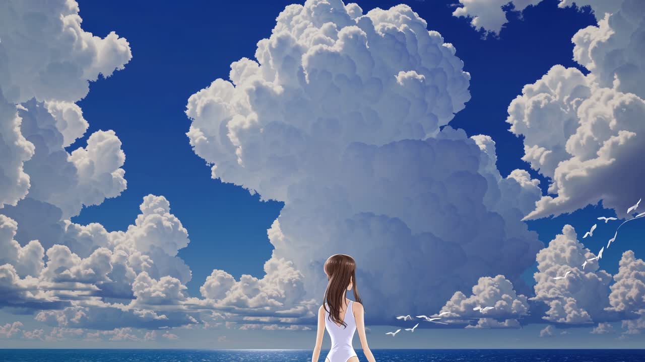 Woman in white dress gazes at expansive ocean and vibrant clouds, capturing the serene beauty of nature and the feeling of freedom in a tranquil moment