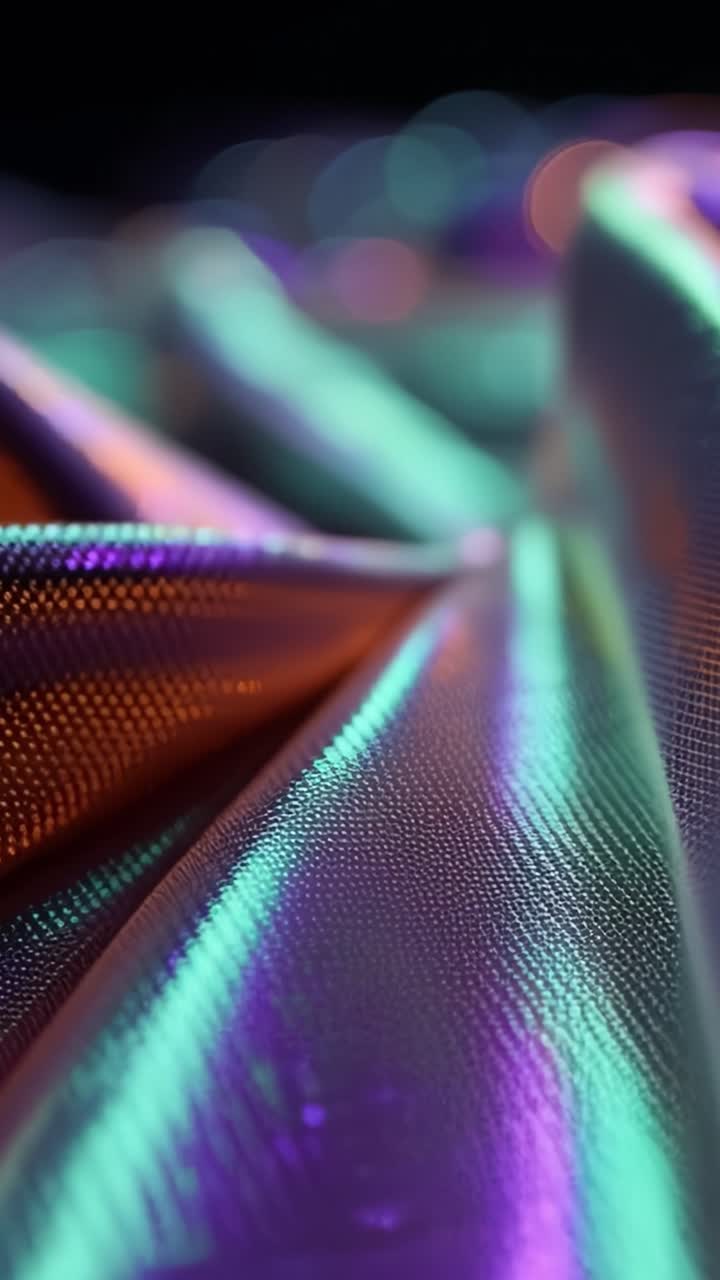 Una visione ipnotizzante di colori vivaci e texture catturati su tessuto, che mostra riflessi di luce e una splendida iridescenza in primo piano