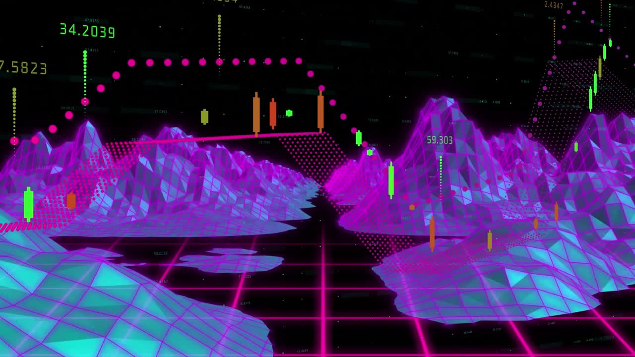 Animation of yellow and green digital landscape over grid