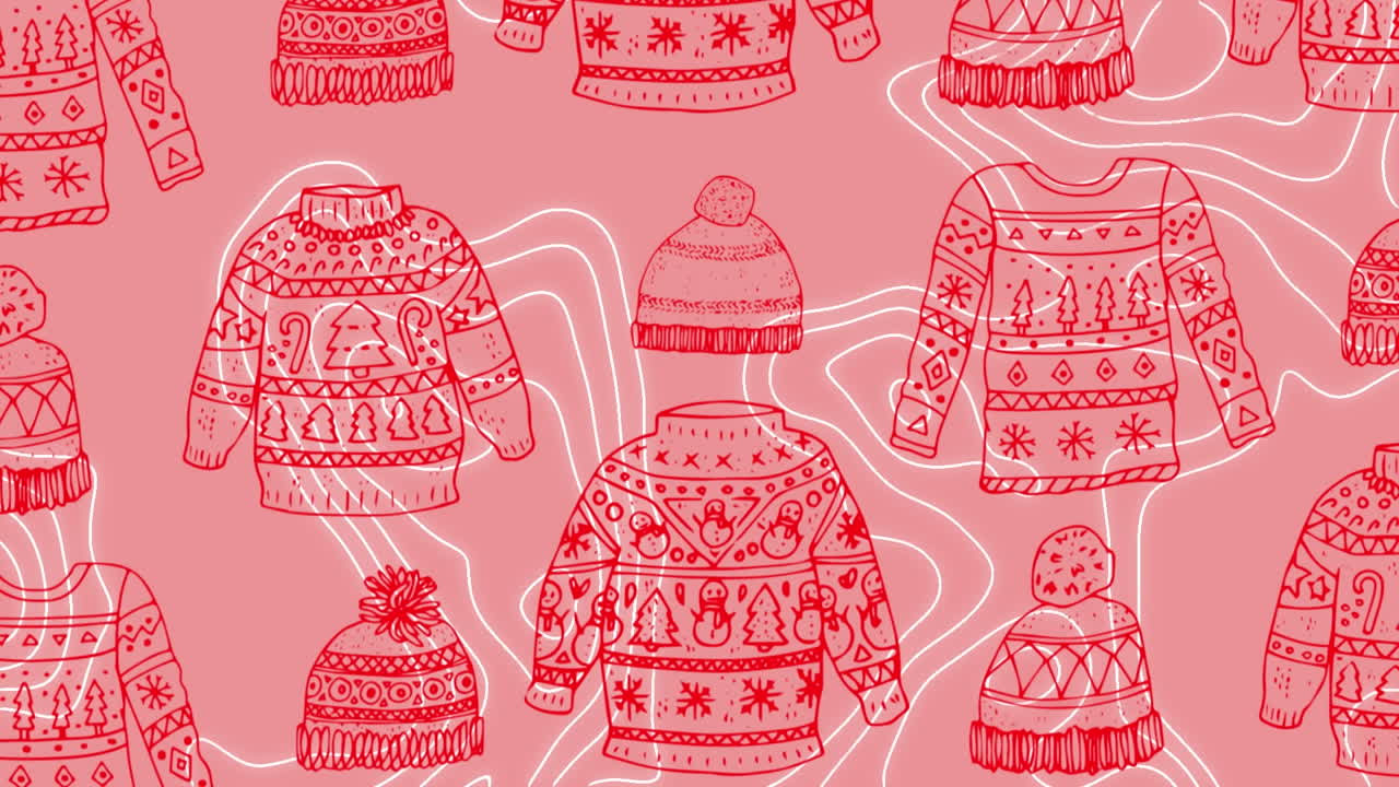 분홍색 배경에 움직이는 선 위에 크리스마스 점퍼 패턴의 애니메이션