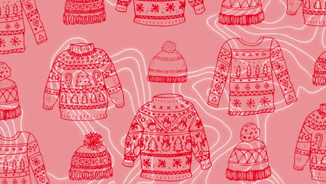 animación del patrón de jumper de navidad sobre líneas en movimiento en fondo rosa